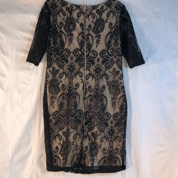 Sandra Darren Black Lace Overlay Tan Lining 3/4 Length Sleeves Sheath Dress 10 - Picture 3 of 7